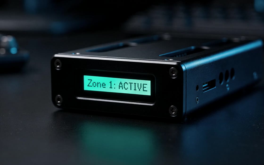 Q-Sync audio receiver — black anodized unit with a green LCD reading Zone 1: ACTIVE